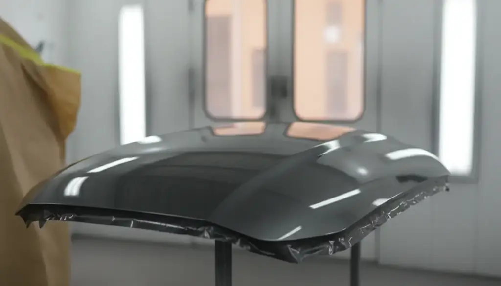 A repaired body panel under even shop light